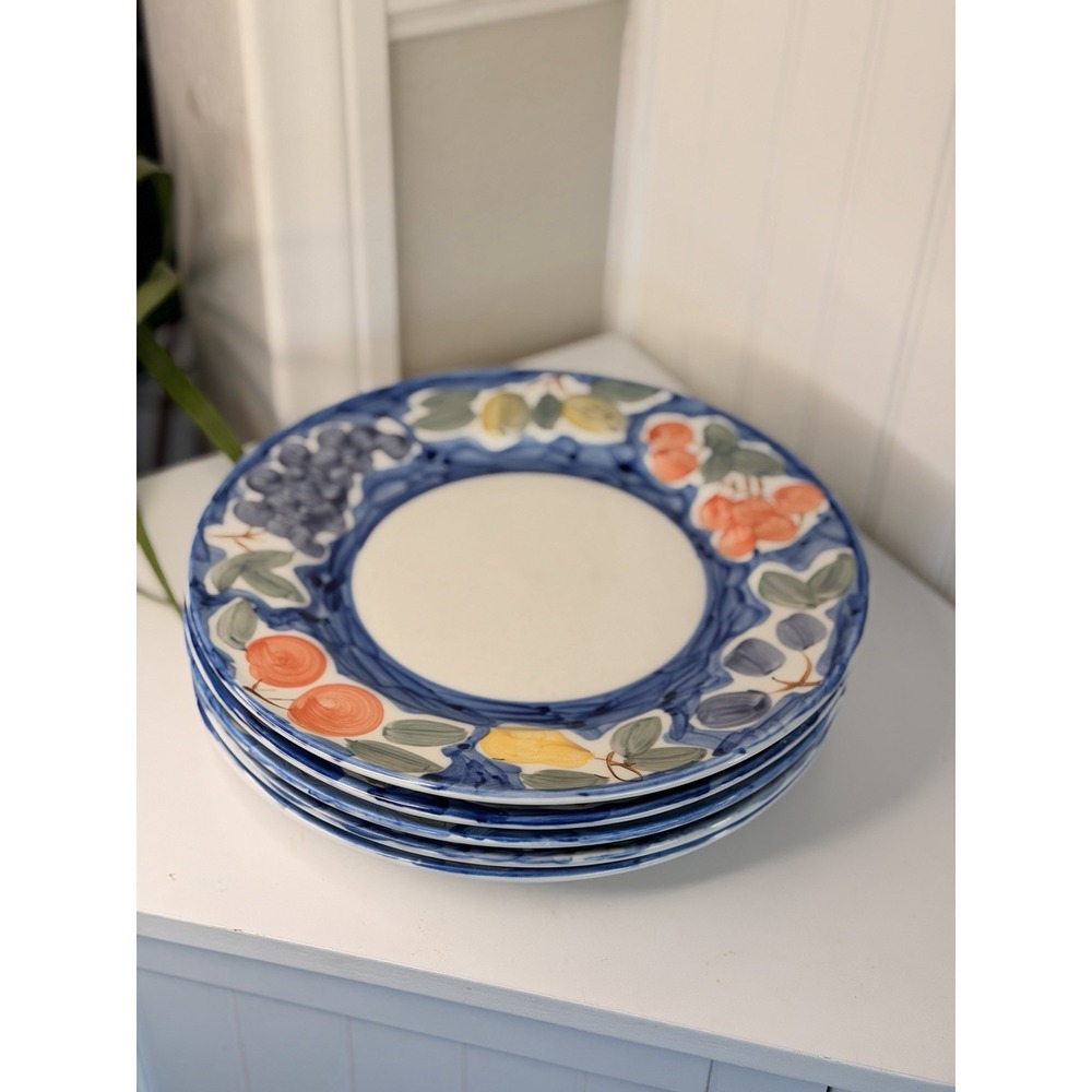 Set of 5 Farberware Hand Painted Amalfi 424 HP Dinner Plates 10.5" Fruit Blue